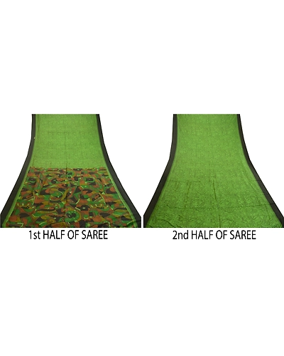 Sanskriti Vintage Sarees From India Green Printed Pure Silk Sari Craft Fabric, PR-62121-Green-Pure Silk-4