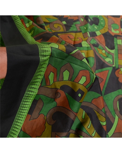 Sanskriti Vintage Sarees From India Green Printed Pure Silk Sari Craft Fabric, PR-62121-Green-Pure Silk-5