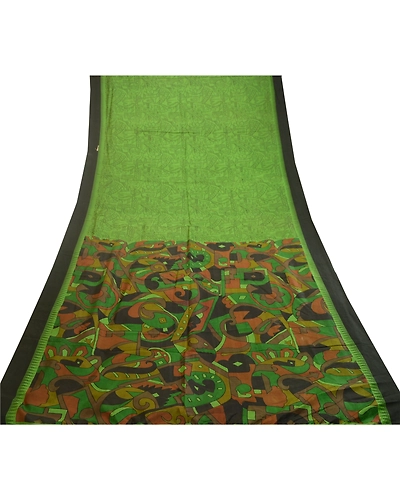 Sanskriti Vintage Sarees From India Green Printed Pure Silk Sari Craft Fabric, PR-62121-Green-Pure Silk-7