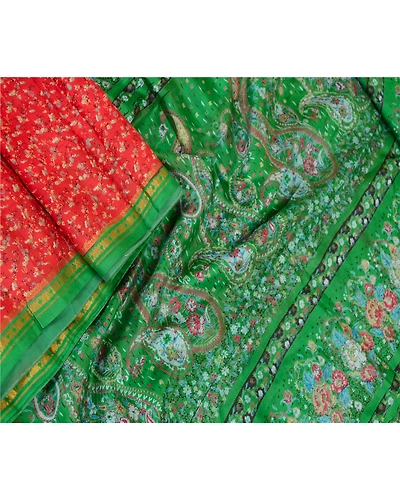 Sanskriti Vintage Sarees Red-Green Print Pure Silk Zari Border Sari Craft Fabric, PR-62128-Red &amp; Green-Pure Silk-2