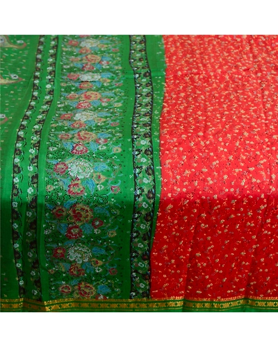 Sanskriti Vintage Sarees Red-Green Print Pure Silk Zari Border Sari Craft Fabric, PR-62128-Red &amp; Green-Pure Silk-4