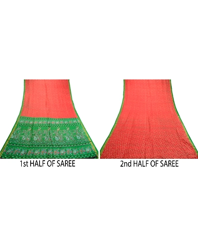 Sanskriti Vintage Sarees Red-Green Print Pure Silk Zari Border Sari Craft Fabric, PR-62128-Red &amp; Green-Pure Silk-5