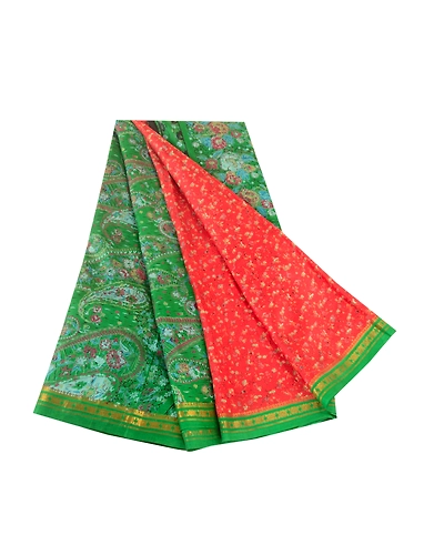 Sanskriti Vintage Sarees Red-Green Print Pure Silk Zari Border Sari Craft Fabric, PR-62128-Red &amp; Green-Pure Silk-7