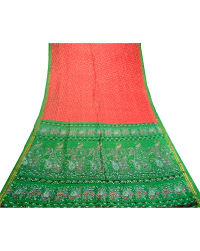 Sanskriti Vintage Sarees Red-Green Print Pure Silk Zari Border Sari Craft Fabric, PR-62128-Red &amp; Green-Pure Silk-8