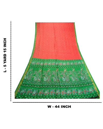 Sanskriti Vintage Sarees Red-Green Print Pure Silk Zari Border Sari Craft Fabric, PR-62128-Red &amp; Green-Pure Silk-9