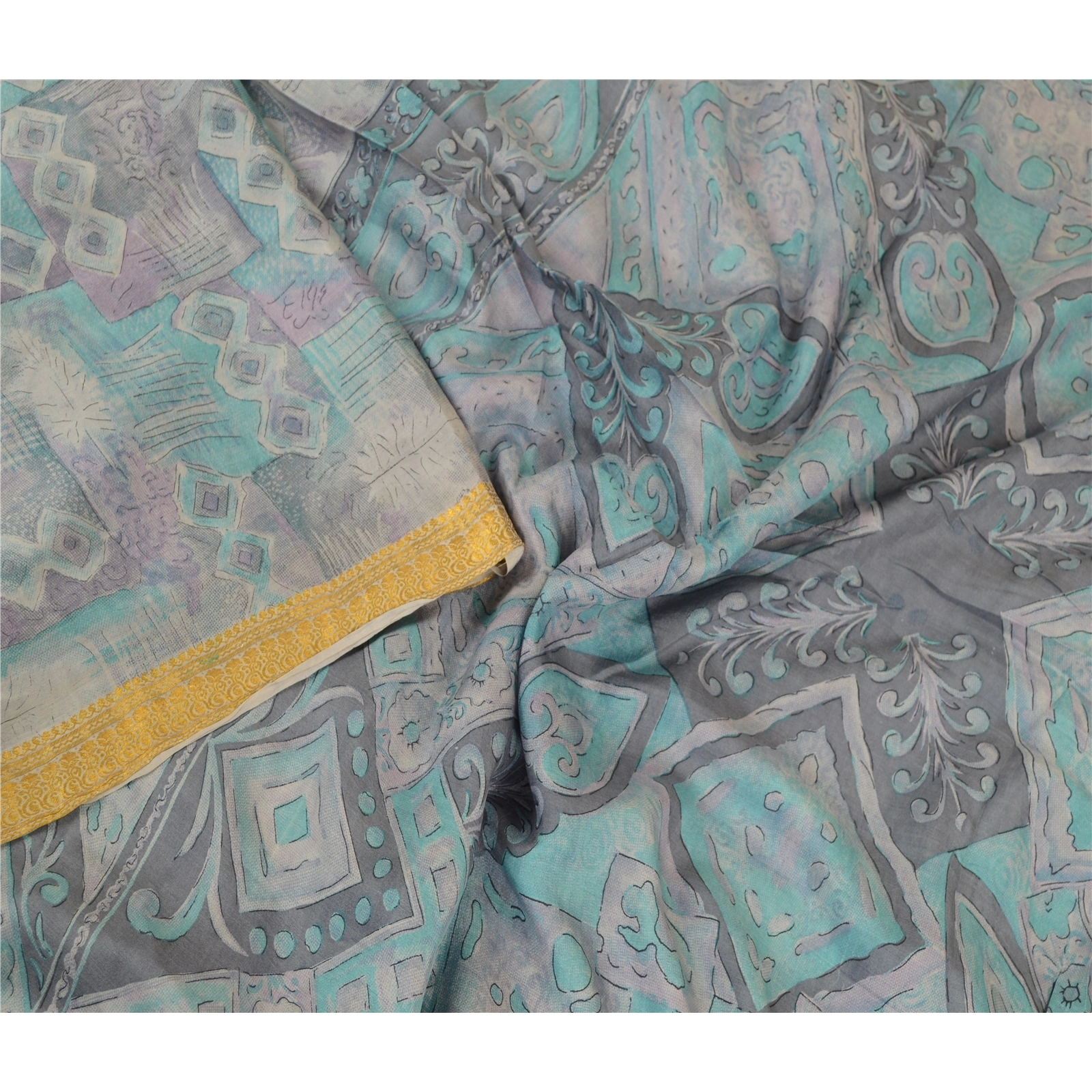 Sanskriti Vintage Sarees From India Gray Pure Silk Printed Sari 5Yd Craft Fabric, PR-62144-Gray-Pure Silk-1