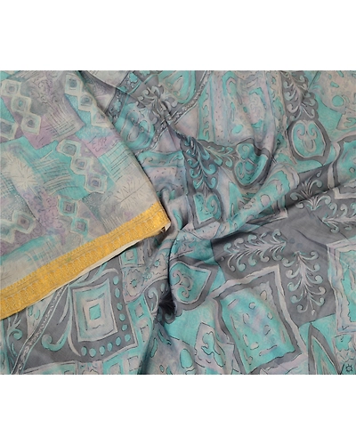 Sanskriti Vintage Sarees From India Gray Pure Silk Printed Sari 5Yd Craft Fabric, PR-62144-Gray-Pure Silk-1