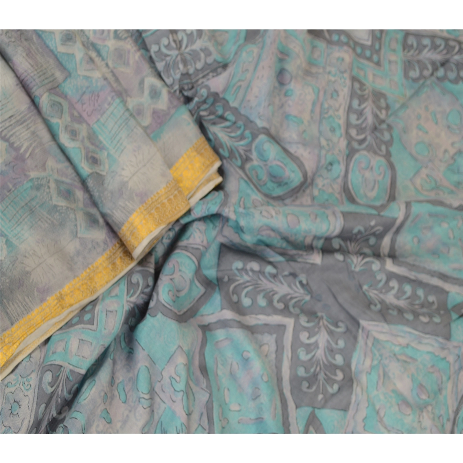 Sanskriti Vintage Sarees From India Gray Pure Silk Printed Sari 5Yd Craft Fabric, PR-62144-Gray-Pure Silk-2