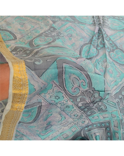 Sanskriti Vintage Sarees From India Gray Pure Silk Printed Sari 5Yd Craft Fabric, PR-62144-Gray-Pure Silk-5