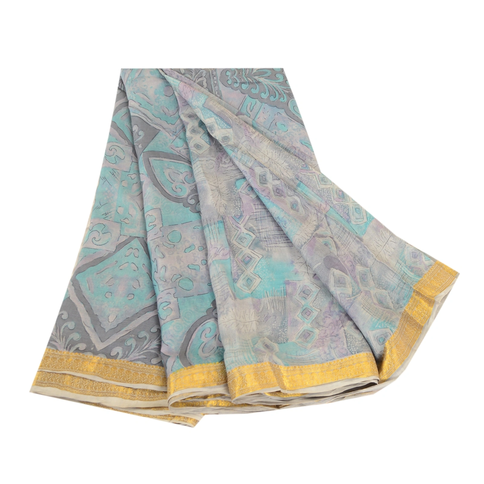 Sanskriti Vintage Sarees From India Gray Pure Silk Printed Sari 5Yd Craft Fabric, PR-62144-Gray-Pure Silk-6