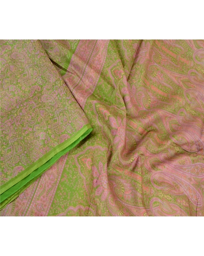 Sanskriti Vintage Sarees Green Printed 100% Pure Silk Sari Soft 5Yd Craft Fabric, PR-62159-Green-Pure Silk-1