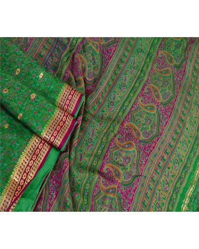 Sanskriti Vintage Sarees Green Pure Chinon Silk Printed Woven Sari Craft Fabric, PR-62181-Green-Pure Chinon Silk-1
