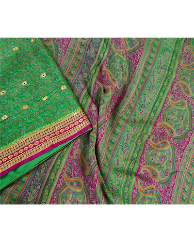 Sanskriti Vintage Sarees Green Pure Chinon Silk Printed Woven Sari Craft Fabric, PR-62181-Green-Pure Chinon Silk-2