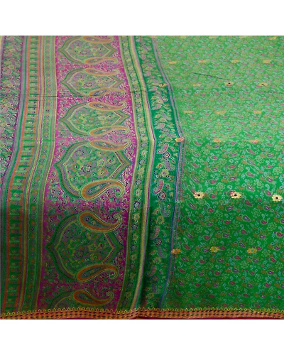 Sanskriti Vintage Sarees Green Pure Chinon Silk Printed Woven Sari Craft Fabric, PR-62181-Green-Pure Chinon Silk-3