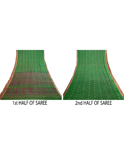 Sanskriti Vintage Sarees Green Pure Chinon Silk Printed Woven Sari Craft Fabric, PR-62181-Green-Pure Chinon Silk-4