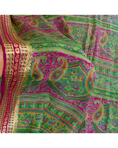 Sanskriti Vintage Sarees Green Pure Chinon Silk Printed Woven Sari Craft Fabric, PR-62181-Green-Pure Chinon Silk-5