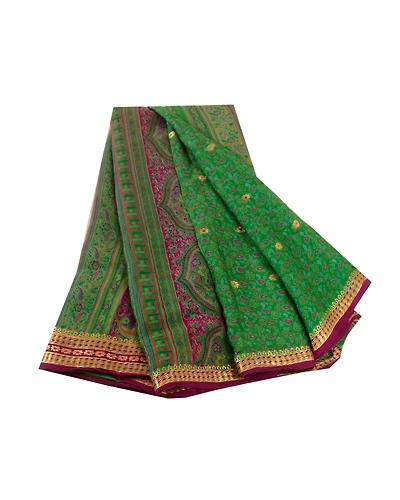 Sanskriti Vintage Sarees Green Pure Chinon Silk Printed Woven Sari Craft Fabric, PR-62181-Green-Pure Chinon Silk-6
