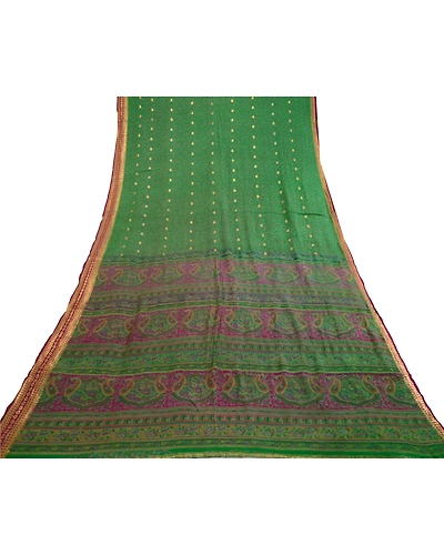 Sanskriti Vintage Sarees Green Pure Chinon Silk Printed Woven Sari Craft Fabric, PR-62181-Green-Pure Chinon Silk-7