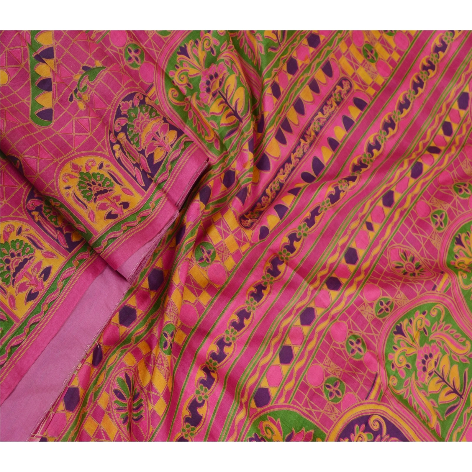 Sanskriti Vintage Sarees Hot-Pink Pure Silk Printed Sari 5Yd Soft Craft Fabric, PR-62185-Hot Pink-Pure Silk-1