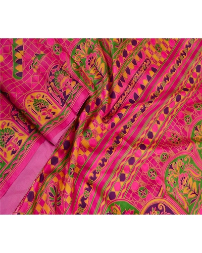 Sanskriti Vintage Sarees Hot-Pink Pure Silk Printed Sari 5Yd Soft Craft Fabric, PR-62185-Hot Pink-Pure Silk-1