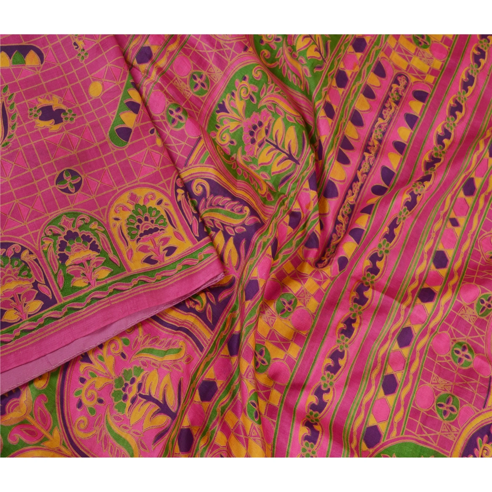 Sanskriti Vintage Sarees Hot-Pink Pure Silk Printed Sari 5Yd Soft Craft Fabric, PR-62185-Hot Pink-Pure Silk-2