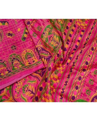 Sanskriti Vintage Sarees Hot-Pink Pure Silk Printed Sari 5Yd Soft Craft Fabric, PR-62185-Hot Pink-Pure Silk-2