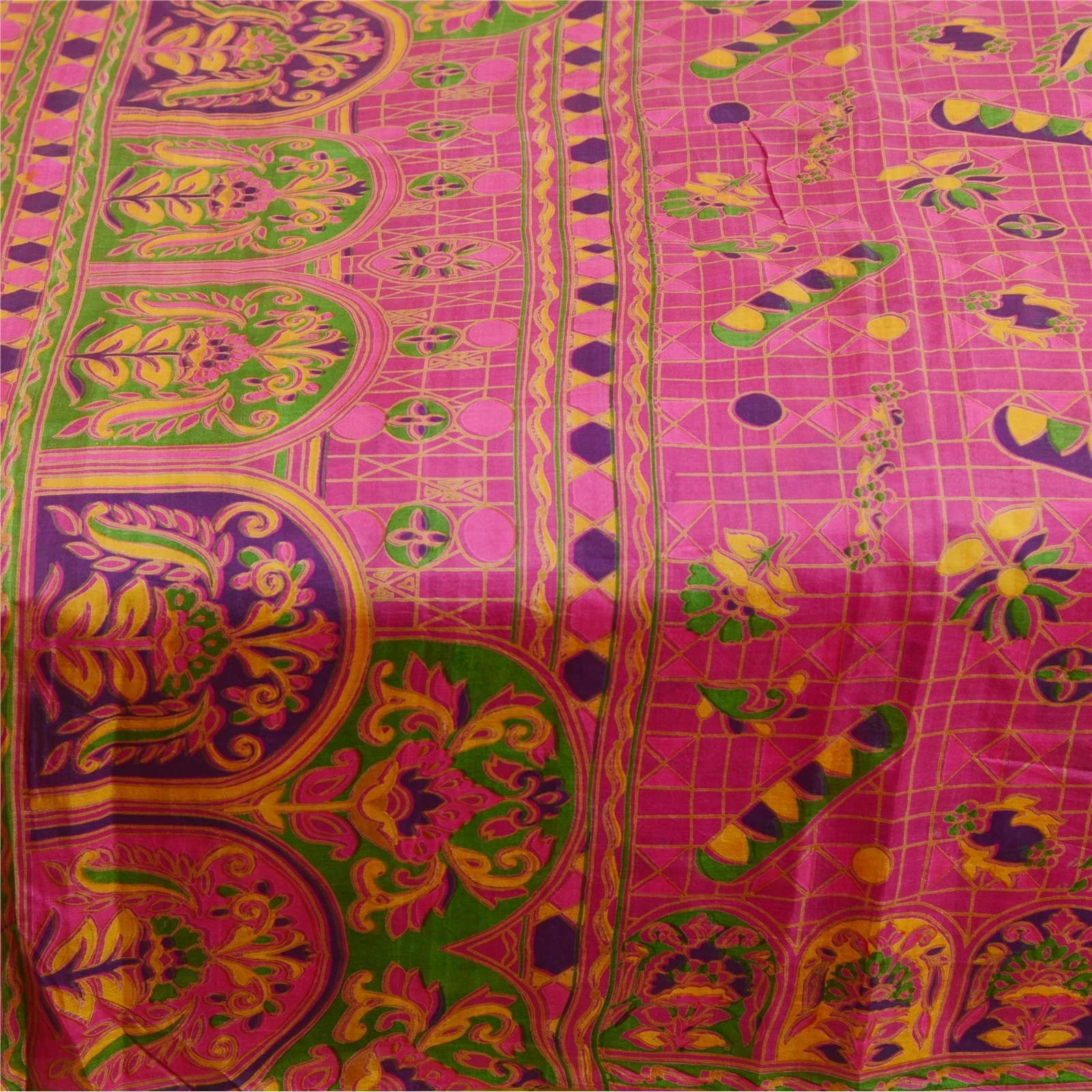 Sanskriti Vintage Sarees Hot-Pink Pure Silk Printed Sari 5Yd Soft Craft Fabric, PR-62185-Hot Pink-Pure Silk-3