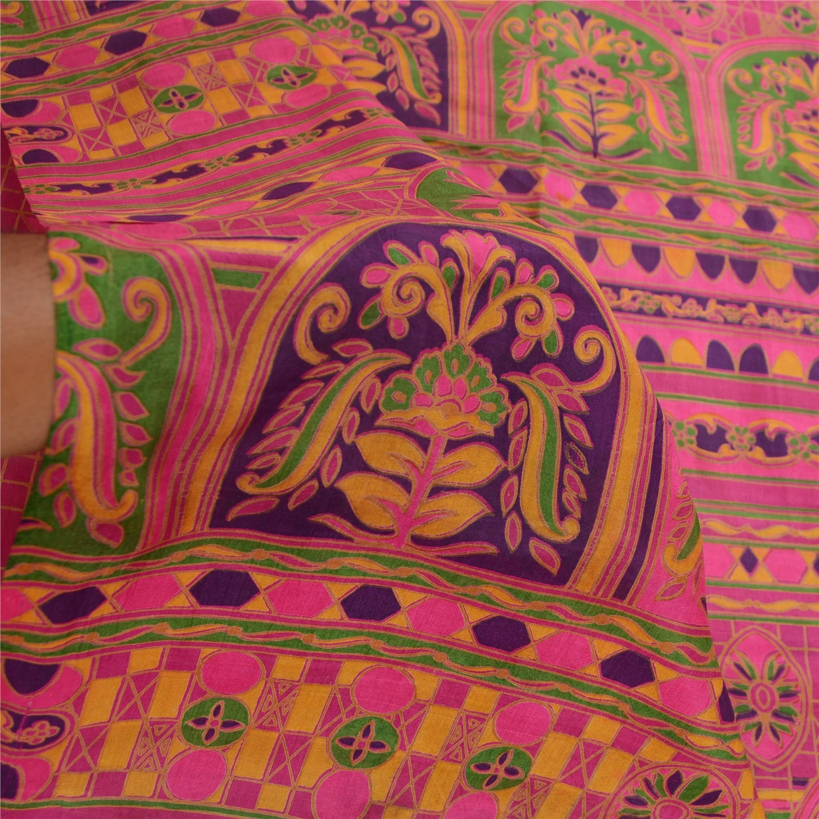 Sanskriti Vintage Sarees Hot-Pink Pure Silk Printed Sari 5Yd Soft Craft Fabric, PR-62185-Hot Pink-Pure Silk-5