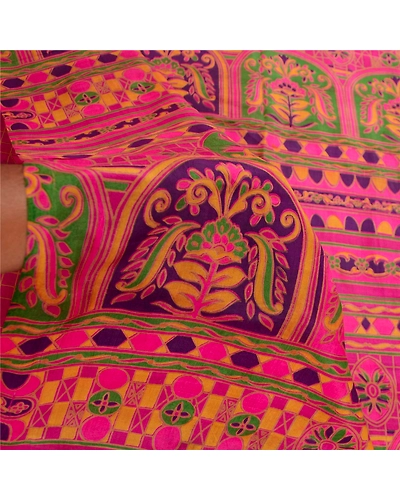 Sanskriti Vintage Sarees Hot-Pink Pure Silk Printed Sari 5Yd Soft Craft Fabric, PR-62185-Hot Pink-Pure Silk-5