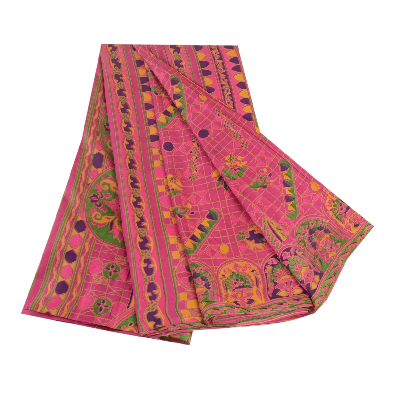 Sanskriti Vintage Sarees Hot-Pink Pure Silk Printed Sari 5Yd Soft Craft Fabric, PR-62185-Hot Pink-Pure Silk-6