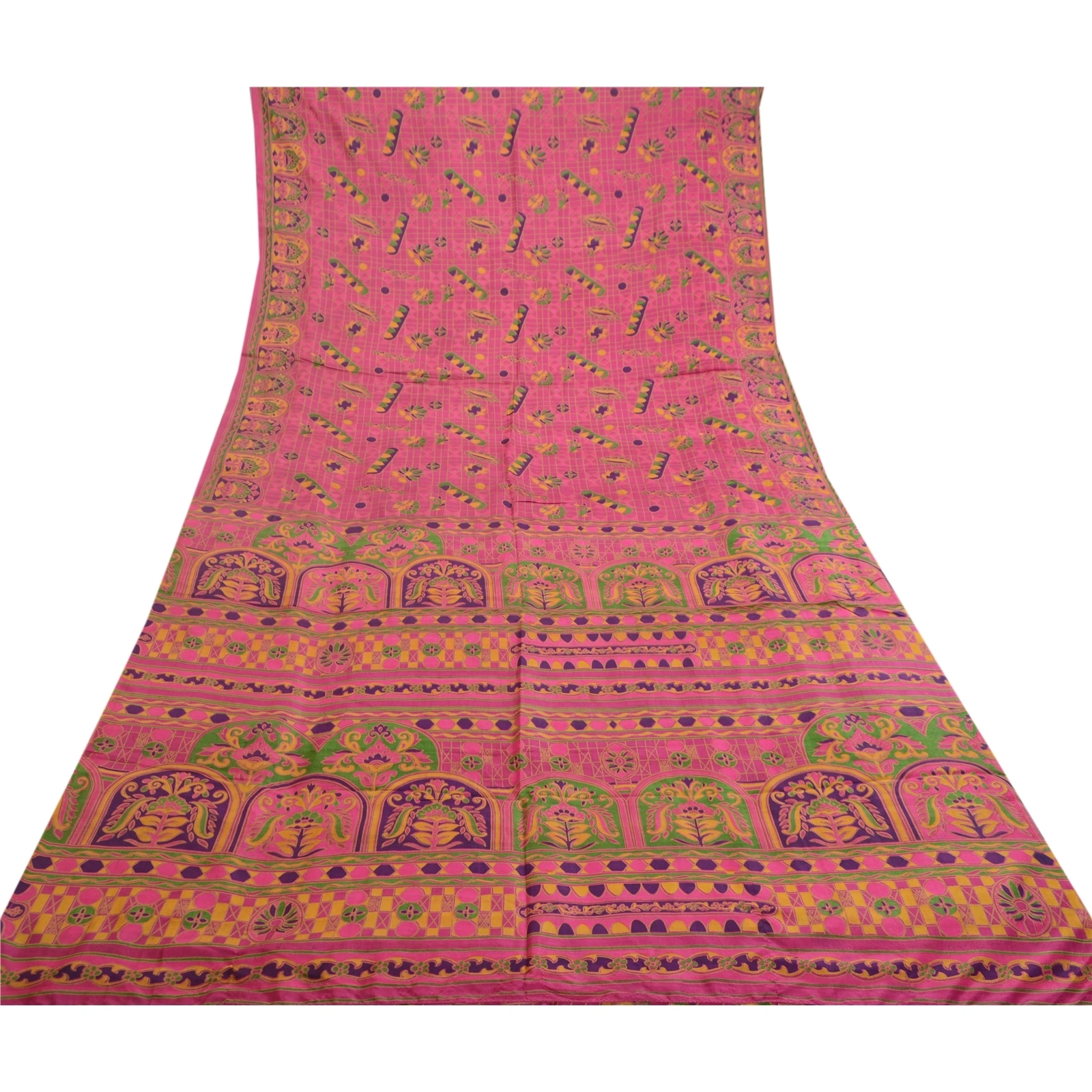 Sanskriti Vintage Sarees Hot-Pink Pure Silk Printed Sari 5Yd Soft Craft Fabric, PR-62185-Hot Pink-Pure Silk-7