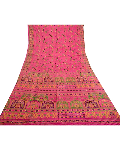 Sanskriti Vintage Sarees Hot-Pink Pure Silk Printed Sari 5Yd Soft Craft Fabric, PR-62185-Hot Pink-Pure Silk-7