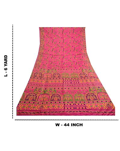 Sanskriti Vintage Sarees Hot-Pink Pure Silk Printed Sari 5Yd Soft Craft Fabric, PR-62185-Hot Pink-Pure Silk-8