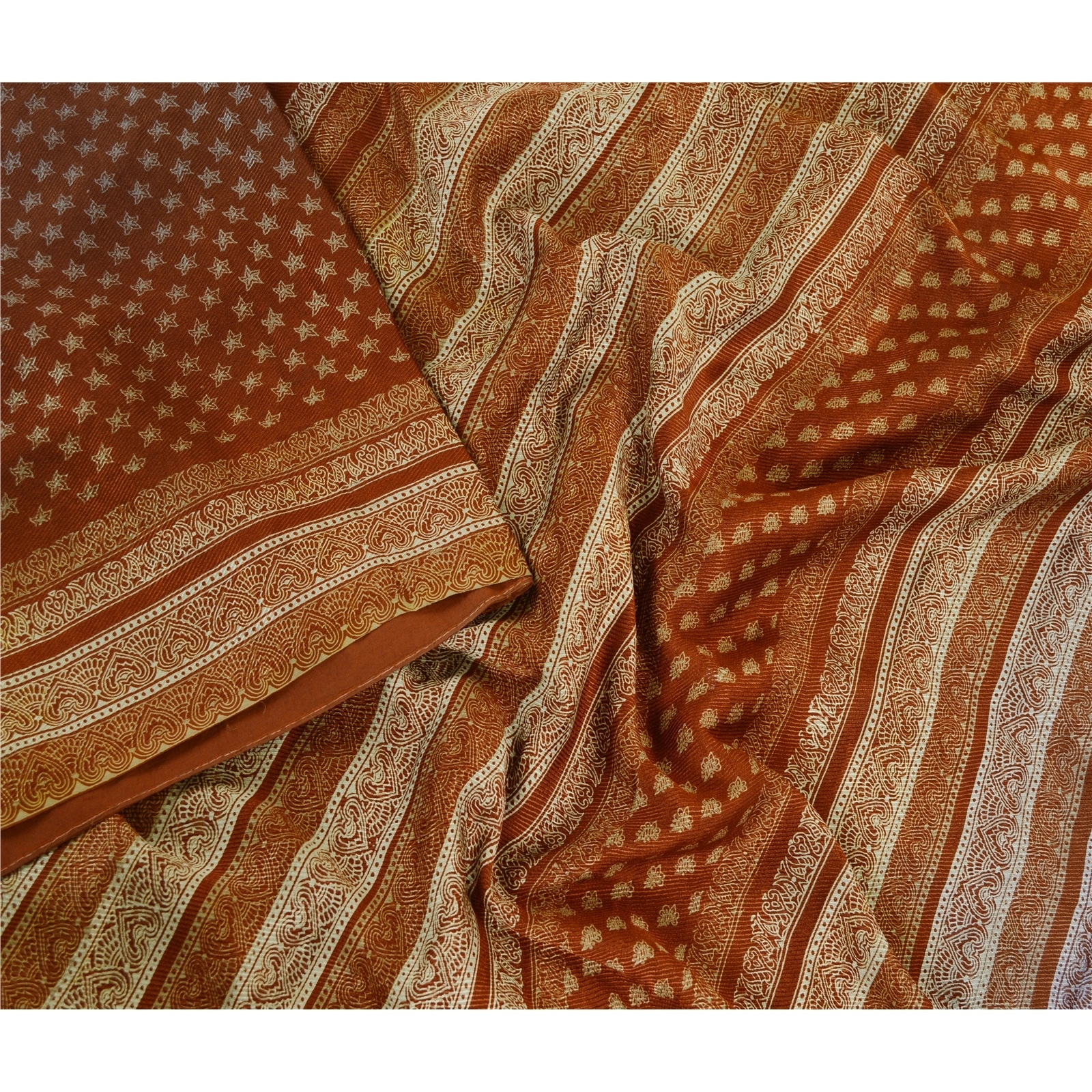 Sanskriti Vintage Sarees Brown 100% Pure Silk Printed Sari 5Yd Soft Craft Fabric, PR-62186-Brown-Pure Silk-2