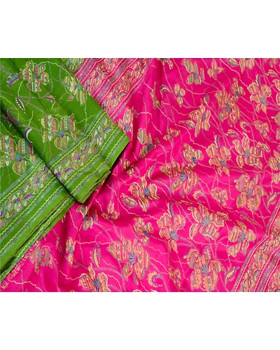 Sanskriti Vintage Sarees Green &amp; Pink Pure Silk Printed Sari Soft Craft Fabric, PR-62187-Green &amp; Pink-Pure Silk-1