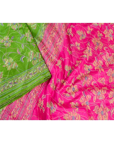 Sanskriti Vintage Sarees Green &amp; Pink Pure Silk Printed Sari Soft Craft Fabric, PR-62187-Green &amp; Pink-Pure Silk-2