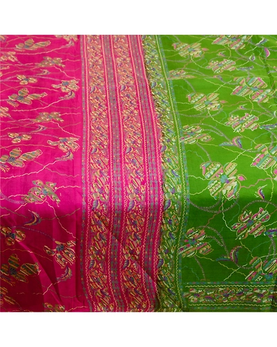 Sanskriti Vintage Sarees Green &amp; Pink Pure Silk Printed Sari Soft Craft Fabric, PR-62187-Green &amp; Pink-Pure Silk-3