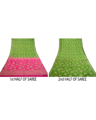 Sanskriti Vintage Sarees Green &amp; Pink Pure Silk Printed Sari Soft Craft Fabric, PR-62187-Green &amp; Pink-Pure Silk-4