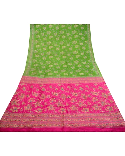 Sanskriti Vintage Sarees Green &amp; Pink Pure Silk Printed Sari Soft Craft Fabric, PR-62187-Green &amp; Pink-Pure Silk-7