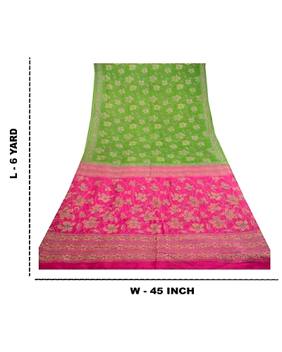 Sanskriti Vintage Sarees Green &amp; Pink Pure Silk Printed Sari Soft Craft Fabric, PR-62187-Green &amp; Pink-Pure Silk-8
