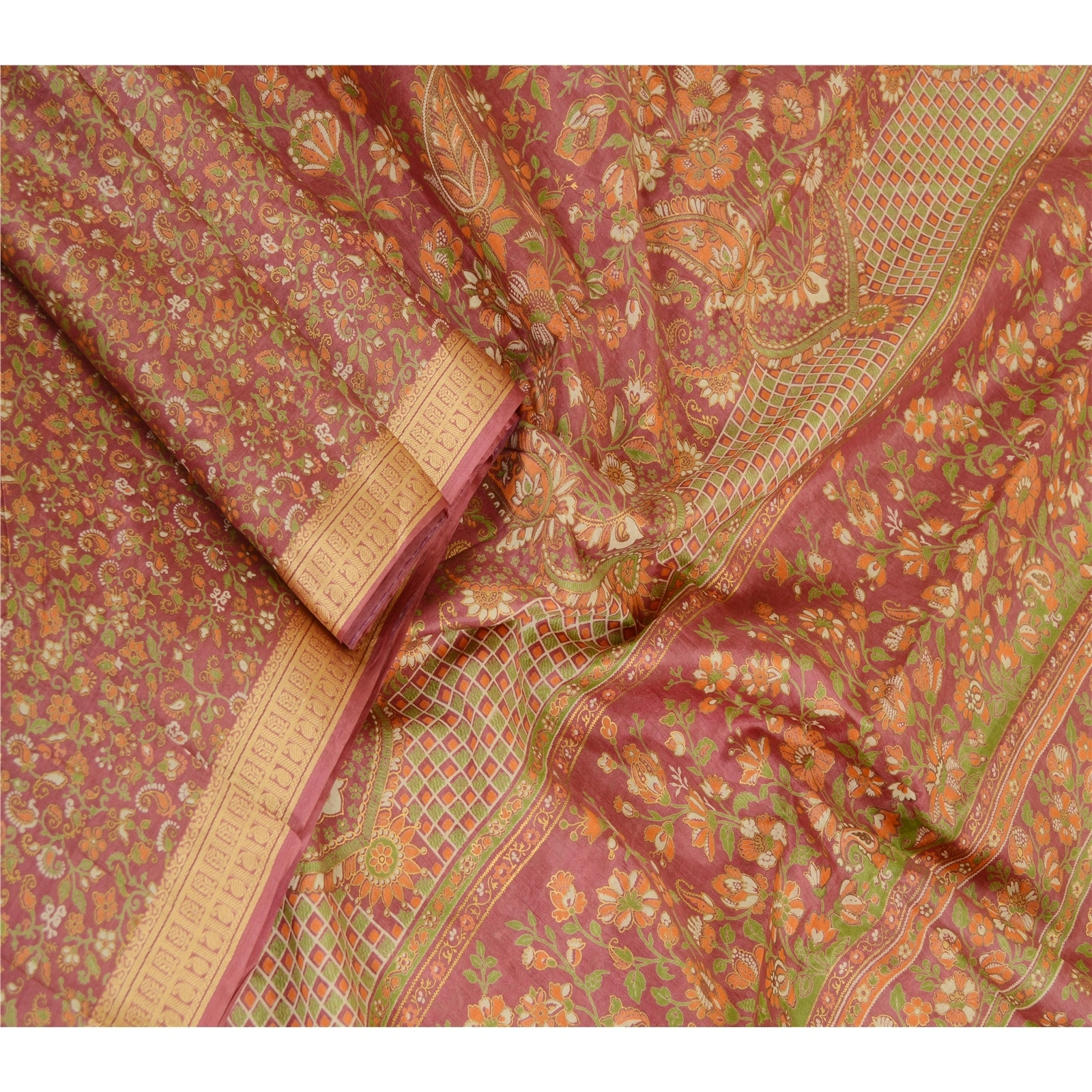 Sanskriti Vintage Sarees Pink 100% Pure Silk Printed Sari 5Yd Soft Craft Fabric, PR-62189-Pink-Pure Silk-1