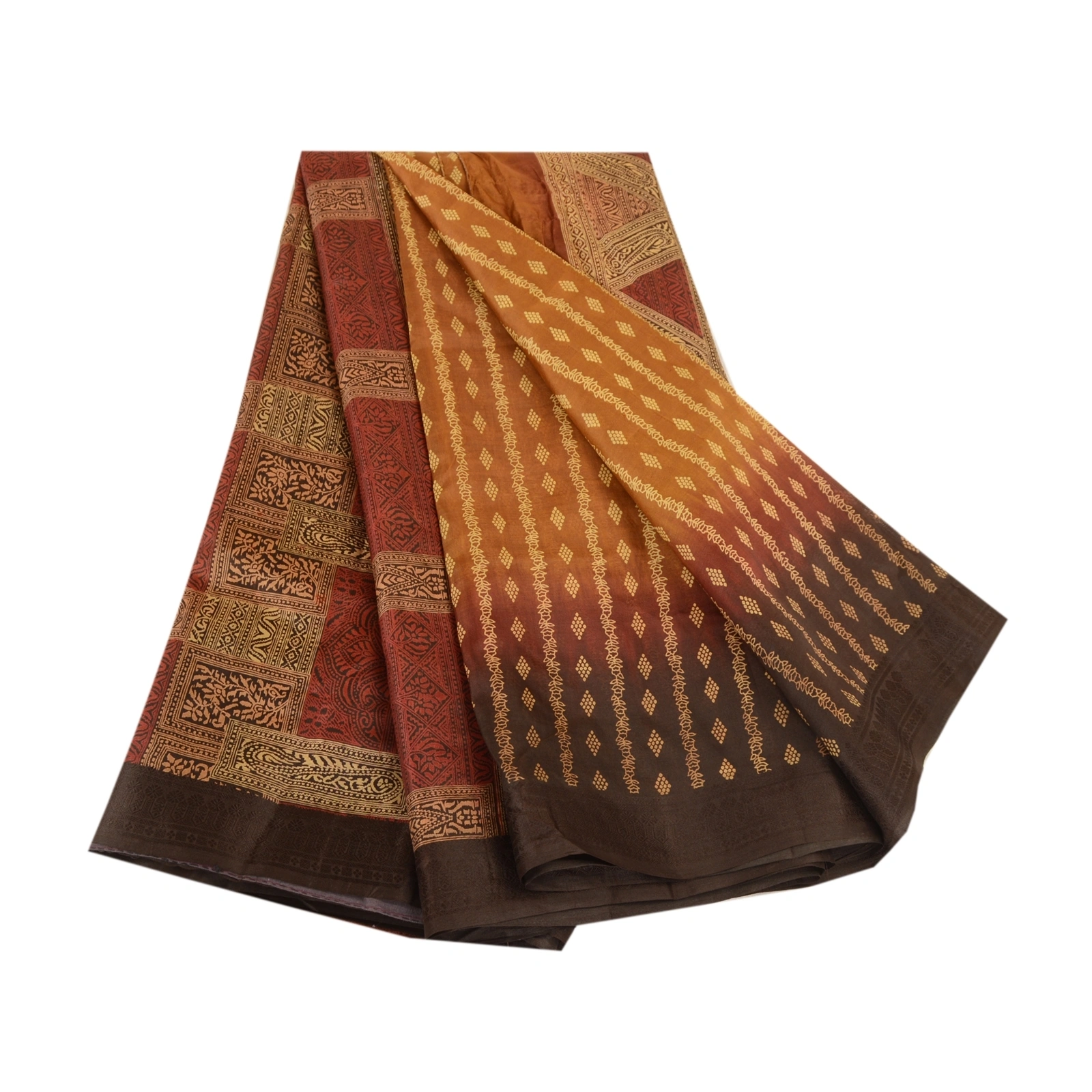 Sanskriti Vintage Brown Indian Sarees 100% Pure Silk Printed Sari Craft Fabric, PR-62195-Brown-100% Pure Silk-6