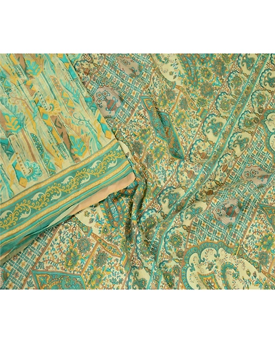 Sanskriti Vintage Sarees From India Green Pure Silk Printed Sari Craft Fabric, PR-62197-Green-Pure Silk-2