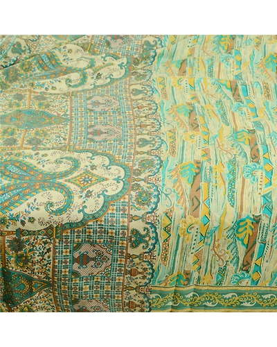 Sanskriti Vintage Sarees From India Green Pure Silk Printed Sari Craft Fabric, PR-62197-Green-Pure Silk-3