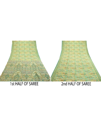 Sanskriti Vintage Sarees From India Green Pure Silk Printed Sari Craft Fabric, PR-62197-Green-Pure Silk-4