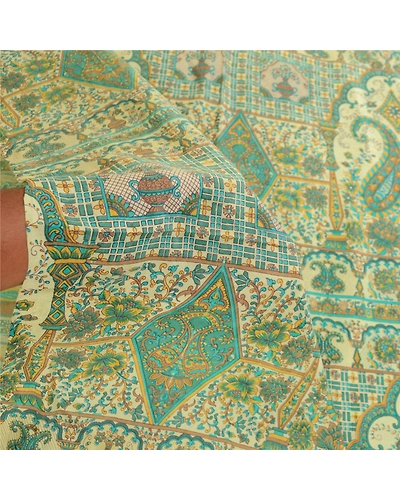 Sanskriti Vintage Sarees From India Green Pure Silk Printed Sari Craft Fabric, PR-62197-Green-Pure Silk-5