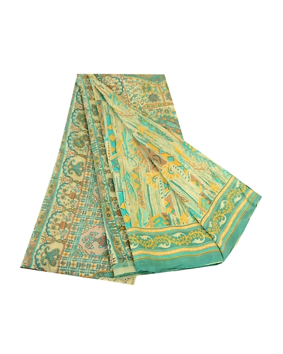 Sanskriti Vintage Sarees From India Green Pure Silk Printed Sari Craft Fabric, PR-62197-Green-Pure Silk-6