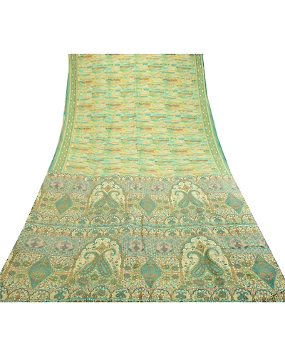 Sanskriti Vintage Sarees From India Green Pure Silk Printed Sari Craft Fabric, PR-62197-Green-Pure Silk-7