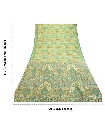 Sanskriti Vintage Sarees From India Green Pure Silk Printed Sari Craft Fabric, PR-62197-Green-Pure Silk-8