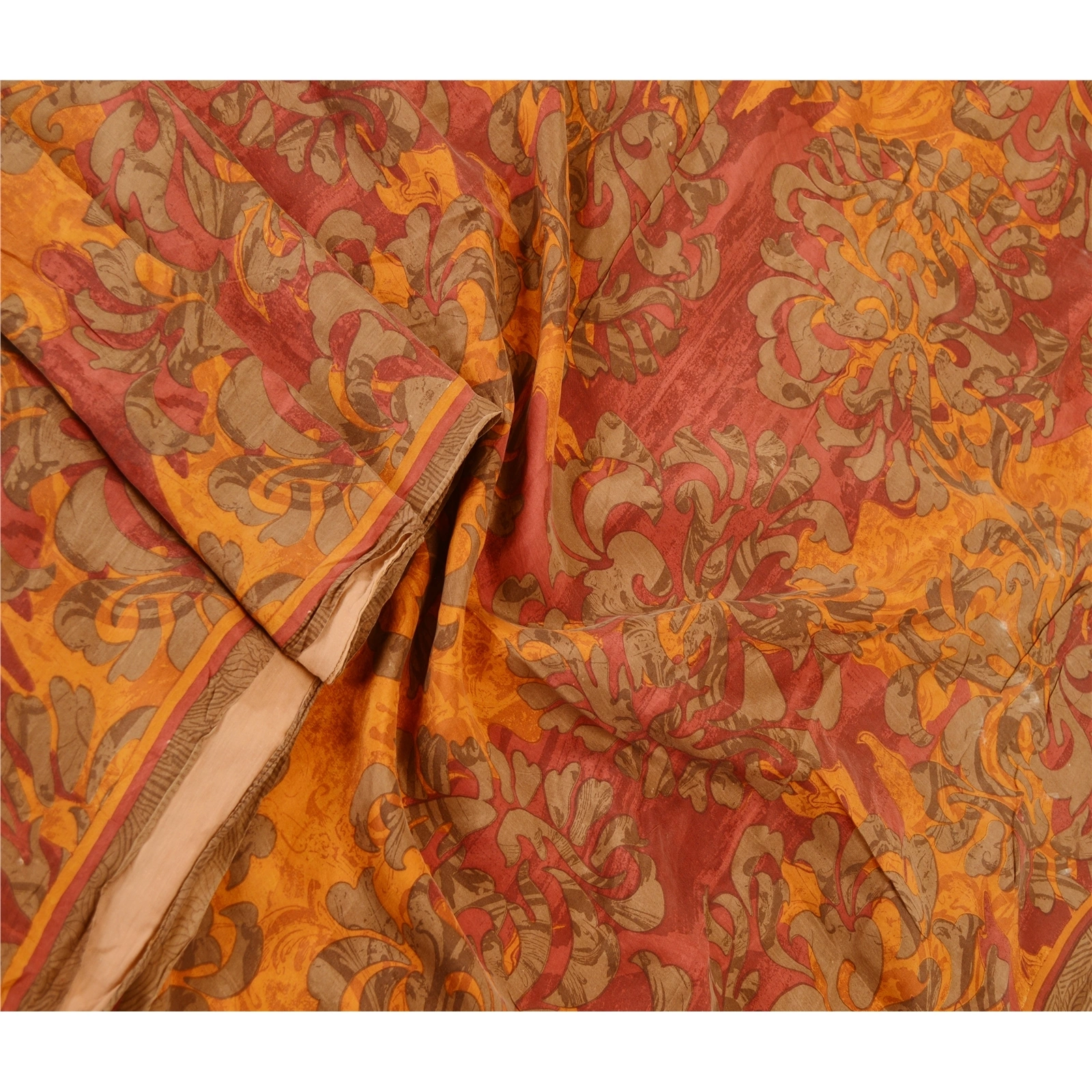 Sanskriti Vintage Sarees From India Orange Pure Silk Printed Sari Craft Fabric, PR-62222-Orange-Pure Silk-1